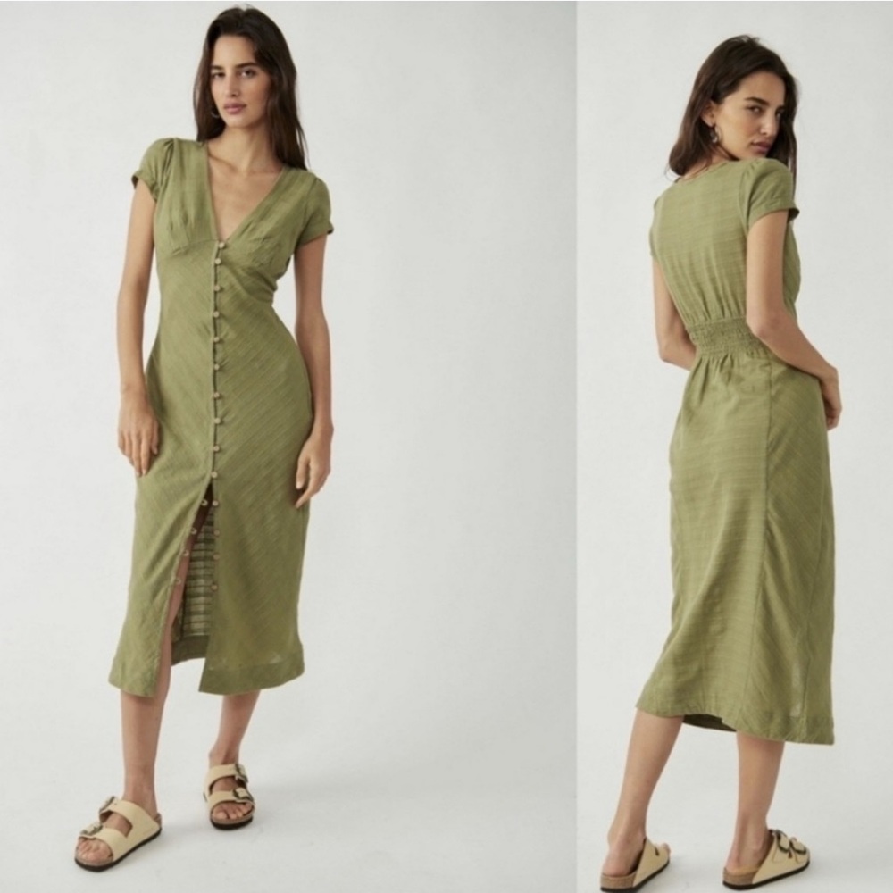 Free People Olive Green Button-Front Midi Dress